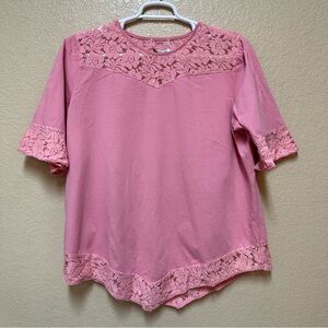 Serengeti Pink Lace Trimmed Cotton Blouse Shirt Size 1X